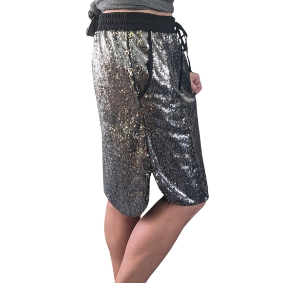 Harlyn for Anthropologie Metallic Silver Sequin Party Drawstring Skirt Size M - Picture 3 of 12